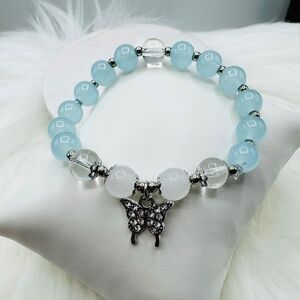 Blue Beaded w/ Sparkly Butterfly Charm Bracelet - Small wrists